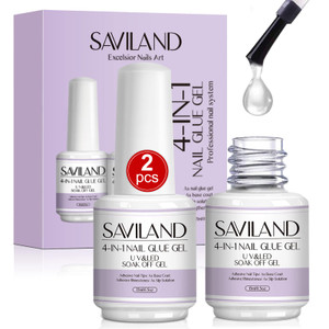 SAVILAND 4-in-1 Nail Gel Set, 2 pcs 15 ML Upgraded Glue for Fake & Press on Nails, Gel Base Strengthen and Nail Repair Treatment, Replacement for Glu
