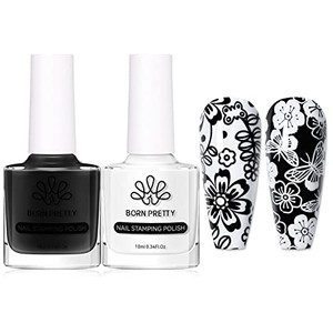 BORN PRETTY Nail Art Stamping Polish White Black Manicure Image Stamp Polish Set Print Polish Varnish 2 Bottles 10ml 0.34fl oz