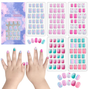 SIUSIO 120 Pcs 5 Pack Children Acrylic Fake Nails Press on Pre-glue Full Cover Glitter Gradient Color Rainbow Short False Nail Art Kits Set for Kids
