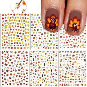 3D Thanksgiving Nail Art Stickers 6 Sheets Autumn Fall Nail Art Accessories Decals Self-Adhesive Maple Leaf Pumpkin Turkey Designs Sticker for Women