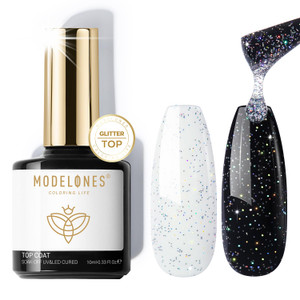 modelones Glitter Gel Top Coat, Reflective Iridescent Silver Mix Glitter Sparkle Clear Gel Polish No Wipe Glossy Confetti Sparkly Long Lasting Rainbo