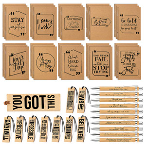 Fulmoon 90 Pcs Employee Appreciation Gift Inspirational Notepads Bookmarks Pens Gift Set Mini Notebook Bamboo Pens Wood Bookmarks for Valentines Stud