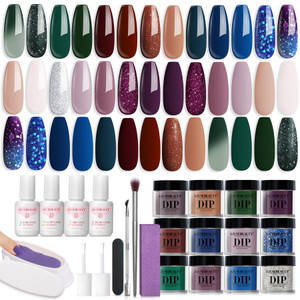 31Pcs Dip Nails Powder Starter Kit, AZUREBEAUTY 20 Colors Purple Blue Glitter Dipping Powder Recycling Tray Liquid Set with Base Top Coat Activator f