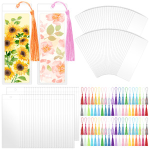 100 Sets Kraft Paper Blank Bookmarks with Tassels and Clear Bookmark Sleeves, Cardstock DIY Bookmark Making Kit for DIY Craft Projects, Gift Tag, Sch