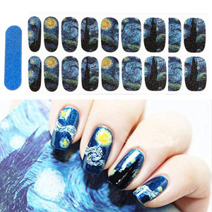 3D Van Gogh's Starry Night Fullnail Stickers, Full Nail Starry Sky Art Gel Nail Polish Sticker Decals, Shimmery Glittery, Long Lasting, Easy to Apply