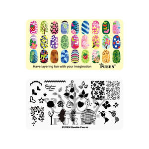 PUEEN Nail Art Stamping Plate -Double Fun 01 - Layering Collection 125x65mm Unique Nailart Polish Stamping Manicure Image Plates Accessories Kit - BH