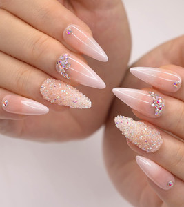 morily 24Pcs Ombre Press on False Nails with Design Glossy Pink Stiletto Fake Nails Kit Medium Length Long Luxury Crystal Acrylic Stick on Nails Tips