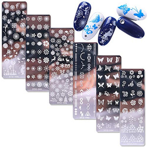 WOKOTO 6Pcs Nail Polish Stamping Plates Kit Flower Butterfly Rose Snowflake Image Templates Stamping Plates for Christmas Manicure DIY Tools