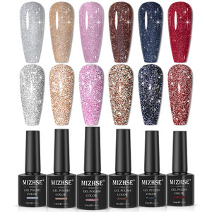 MIZHSE Reflective Glitter Gel Nail Polish, Shimmery Gel Polish Set 10ml Sparkly Shiny Gel Soak Off UV LED Nail Art Varnish Manicure Kit DIY at Home