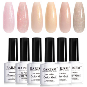 RARJSM Glitter Nude Gel Polish 6pcs Set Pale Pink Milky Jelly Cashmere Pink Beige Apricot Champagne Brown Shimmer Iridescent Holographic Gel Nail Pol