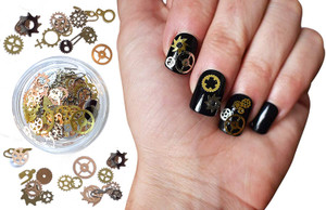 Steam Punk Encapsulated Nail Art Gear Cogs Nail Charms, 100 Pieces, Steampunk 3D Metal Decal Art Rose Gold and Silver or Tips, Acrylic, Gels and Deco