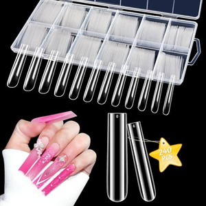 LIONVISON 3XL Clear Full Cover Nail Tips for Acrylic Nails Professional, 240PCS Extra Long Tapered Square, 12 Sizes Straight Press On Gel Nail Tips f