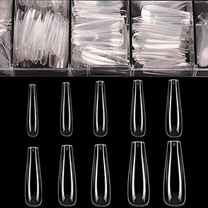 Long Fake Nails - Clear Acrylic Coffin Shaped Ballerina Nails Tips BTArtbox 500pcs Full Cover False Artificial Nails with Case for Salons and DIY Nai