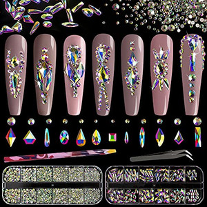 Multi Shapes 3D Glass AB Crystal Nail Art Rhinestones Kit with Flatback Round Bead Charm Gem Stone Jewelry Diamond with Pickup Pen + Tweezer for Mani
