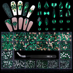 3100Pcs Green Rhinestones for Nail, EBANKU 12 Types of 600 Nail Diamonds +2500 Flat Rhinestones Kit Mixed Shape AB Nail Gems Jewels with Rhinestone P