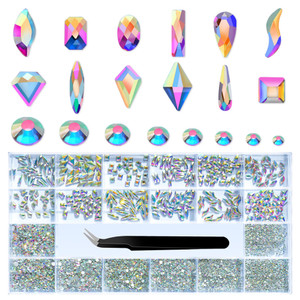 Glass Crystal AB Nail Jewels & Flatback Rhinestones Kit - Multi Shape Nail Gems & Diamonds 3D Charms with Wax Pencil & Tweezers