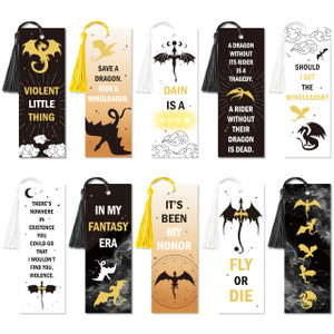 BHronony Dragon Bookmarks for Book Lover - 10pcs Wing Dragon Merch Book Marks Bulk with Tassels for Bookish Gift, Fantasy Double-Sided Bookmark with