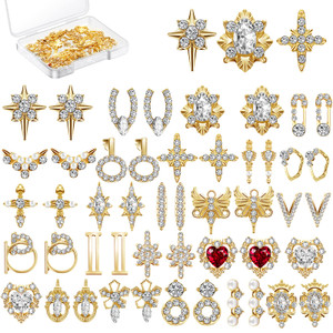 Maitys 48 Pcs Gold Nail Charms Heart Rhinestones Nail Gems Shiny Diamonds 3D Dangle Jewels Metal Crystals Luxury Decoration with Storage Box for Wome