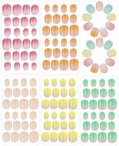 120pcs Girls Press on Nails for Kids - Children Short Fake Artificial Nails,Glitter Kids False Sticky Nails with Nail Glue Tabs