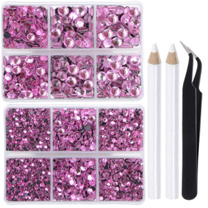 LPBeads 6400 Pieces Hotfix Rhinestones Pink Flat Back 5 Mixed Sizes Crystal Round Glass Gems with Tweezers and Picking Rhinestones Pen