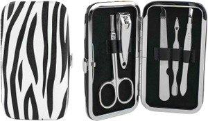 5-Piece Manicure Grooming Kit Set in Zebra Print Travel Case (Clipper, Scissor, Double-Sided Push Stick, Nail File, Tweezers)