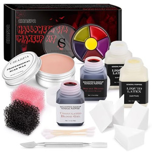 CHASPA Halloween Liquid Latex Special Effects SFX Makeup Kit - Scar Wax + 2 Btl Liquid Latex + 2 Btl Fake Blood + Spatula Tool + 2Pcs Stipple Sponge