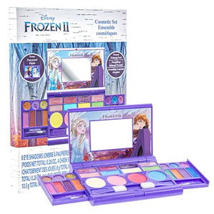 Disney Frozen All-in-One Kids Cosmetic Compact Set Includes Washable Lip Gloss, Eye Shimmer, Cheek Shimmer, Brushes Colorful Portable Beauty Set for