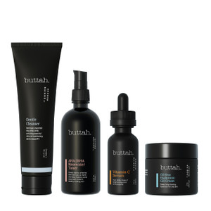 Buttah Skin Supreme Kit for Melanin Rich Skin | Oil-Free Hyaluronic Gel Cream 2 oz | Vitamin C Serum 1 oz | Cleanser 3.4 oz | Rosewater Toner 3.4 oz