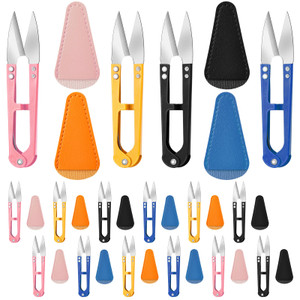 Lasnten 12 Pcs Multicolor Mini Sewing Scissors with 12 Pcs Leather Sheath Cover 4.25 Inch High-carbon Steel Thread Cutter Snips U-shaded Yarn Scissor