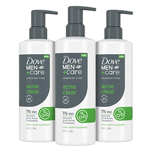 Dove Men+Care Advanced Care Cleanser Acne Clear 3 Count for Acne Prone Skin Face + Body Cleanser with 1% Salicylic Acid 16.9 oz