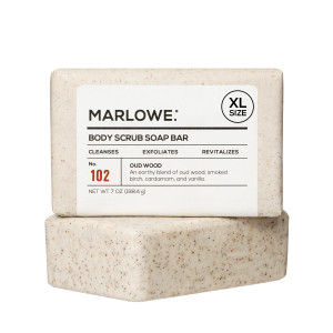 MARLOWE. No. 102 Body Scrub Soap 7 oz, Oud Wood, Exfoliating Soap Bar with Shea Butter, Olive Oil & Green Tea Extracts, Cleanses, Smooths & Revitaliz