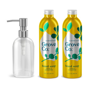Grove Co. Hydrating Gel Hand Soap Refills (2 x 13 Fl Oz) + 1 x Reusable Glass Soap Dispenser, Refillable Liquid Hand Soap Starter Kit, Natural Lemon