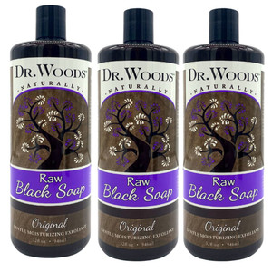 Dr. Woods Raw Liquid Black Soap, Body Wash for Men and Women, Gentle Exfoliant, Natural Cleanser for Face, Hands, and Body - 32 Fl Oz, Pack of 3