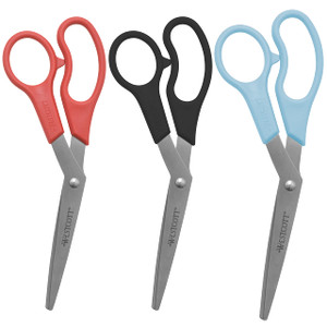 Westcott 8" Bent All-Purpose Scissors, 3-Pack, Assorted Colors