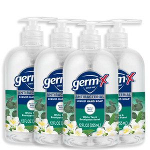 Germ-X Antibacterial Hand Soap, 12 Oz (Pack 4), Moisturizing Liquid Hand Wash for Kitchen or Bathroom, pH Balanced & Dermatologist Tested, White Tea