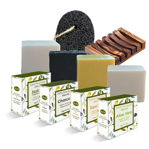 Kalliston, Charcoal, Turmeric, Aloe Vera and Natural Olive Oil Soap Collection, Natural Ingredients, Spa Soap Bars, Includes Bamboo Dish and Pumice S