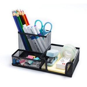 ANDIFY Black Mesh Pen Holder Desktop Organizers Pencil Holder for Desk 3 Compartments Metal Office Supply Organizer with Sticky Notes Holder for Offi