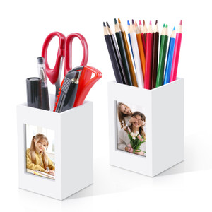 2PCS Acrylic Pen Holder for Desk?2x3 Polaroid Picture Frame Makeup Brush Holder Photos Frame Photo Pen Holder, Vase for Flowers Desktop Pencil Cup St