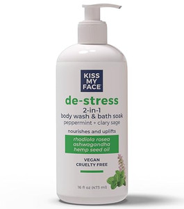 Kiss My Face De-Stress 2-in-1 Body Wash & Bath Soak - Peppermint + Clary Sage - Botanical Blend - Vegan and Cruelty Free - With added Rhodiola Rosea,