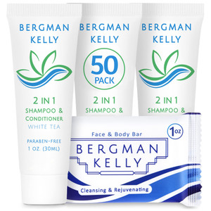 BERGMAN KELLY Rectangle Soap Bars, 2in1 Shampoo & Conditioner 2-Piece Set (White Tea, 1 oz each, 100 pc), Delight Your Guests with Revitalizing & Ref