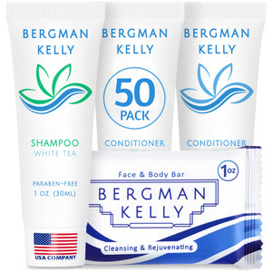BERGMAN KELLY Rectangular Hotel Soap Bars, Shampoo & Conditioner 3-Piece Set (1 oz each, 150 pc, White Tea), Delight Guests with Revitalizing & Refre