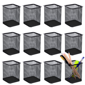 TooCust Black Mesh Pencil Cup Holder for Desk, 12 Pack Mesh Square Pen Holder - Thickened Metal & Non-Slip Bottom, Wire Pencil Holder Makeup Brush Ho