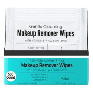 World Amenities - Bulk Makeup Remover Wipes | 500 Count| Individually Wrapped, Gentle Cleansing, Alcohol Free - All Skin Types - Vitamin E - 100% Rec