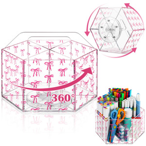 Pink Bow Pen Holder for Desk 360 Degree Rotating Clear Marker Holder for Girls Preppy Bow School Supplies Cute Coquette Pencil Organizer 6 Compartmen