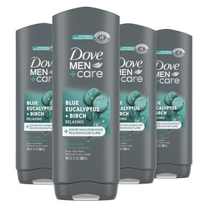 DOVE MEN + CARE Mens Body Wash Blue Eucalyptus and Birch 4 Count Dry Skin Body Wash with Micromoisture, Effectively Washes Away Bacteria While Nouris