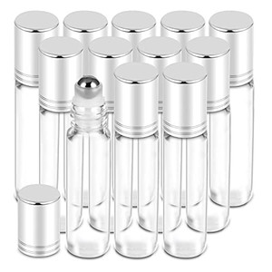 PrettyCare Set of 12, 10 ml Essential Oil Roller Bottles with Stainless Steel Roller Ball - Refillable Leak-proof Empty Thick Clear Glass Roll on Bot
