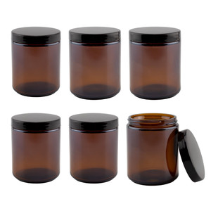 Cornucopia Brands 8oz / 9oz Amber Glass Jars (Pack of 6) Straight Sided Cosmetic Jars, Great for Body Butter, Creams, Stash Jars, Etc.