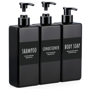 Segbeauty Shampoo and Conditioner Dispenser Refillable, 3pcs 16.9oz Shower Bottles Soap Dispenser with Labels, 500ml Empty Plastic Square Pump Bottle