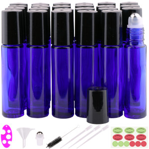 inice 24 Pack,10ml Roller Bottles for Essential Oils Cobalt Blue Glass Stainless Steel Roll On Ball Bottles for Travel
