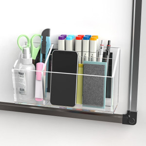 NiOffice Clear Acrylic Magnetic Dry Erase Marker Holder for Whiteboard Fridge Locker 8.4"x4.8"x2.4" Large Self Adhesive Wall Pen Holder for Home Scho